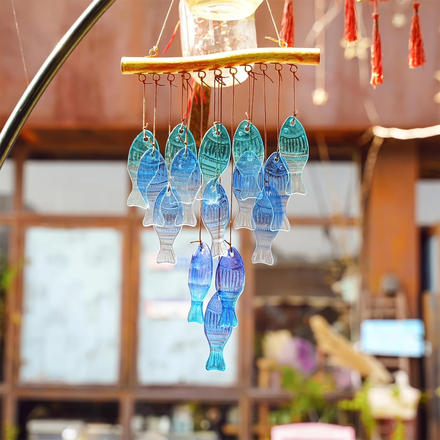 Blue Glass Fish Wind Chimes — Handcrafted Outdoor Garden & Patio Decoration