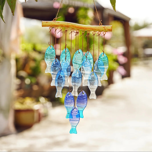 Blue Glass Fish Wind Chimes — Handcrafted Outdoor Garden & Patio Decoration