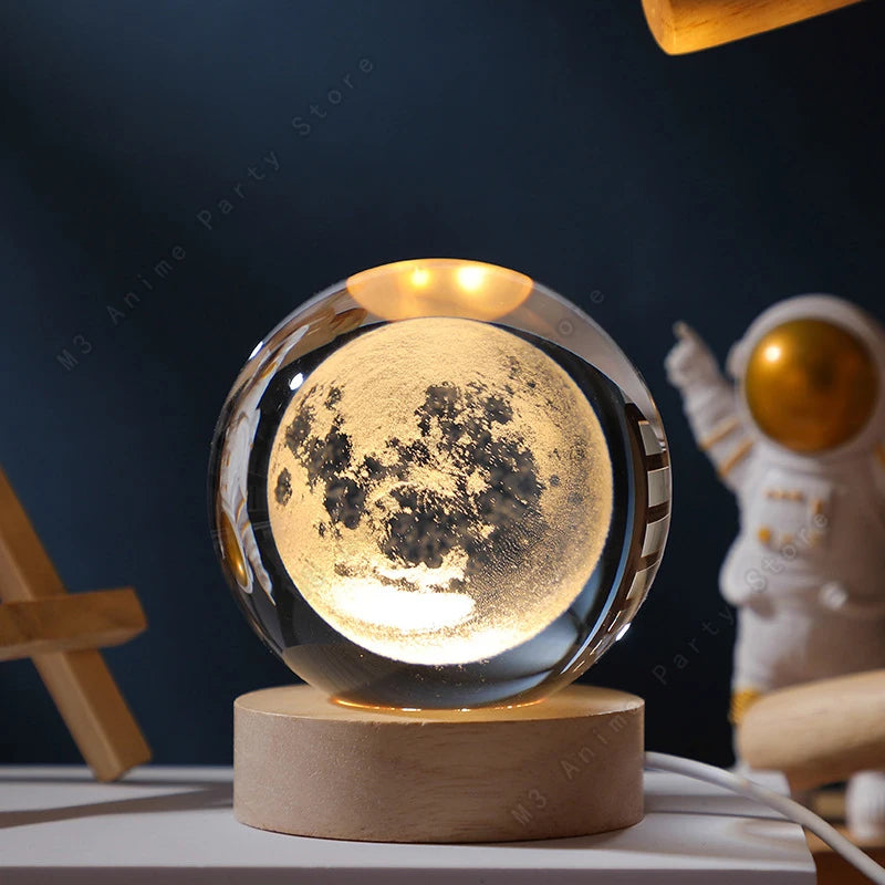 3D Crystal Ball Night Light — Galaxy, Moon & Saturn LED Lamp