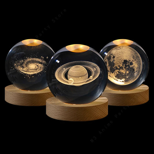 3D Crystal Ball Night Light — Galaxy, Moon & Saturn LED Lamp