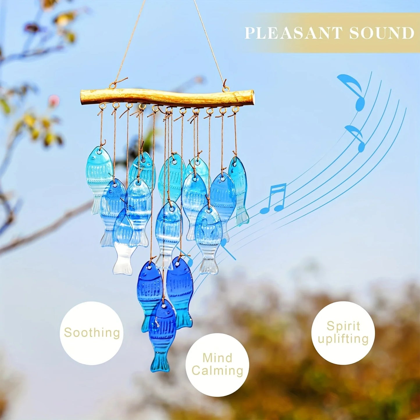Blue Glass Fish Wind Chimes — Handcrafted Outdoor Garden & Patio Decoration
