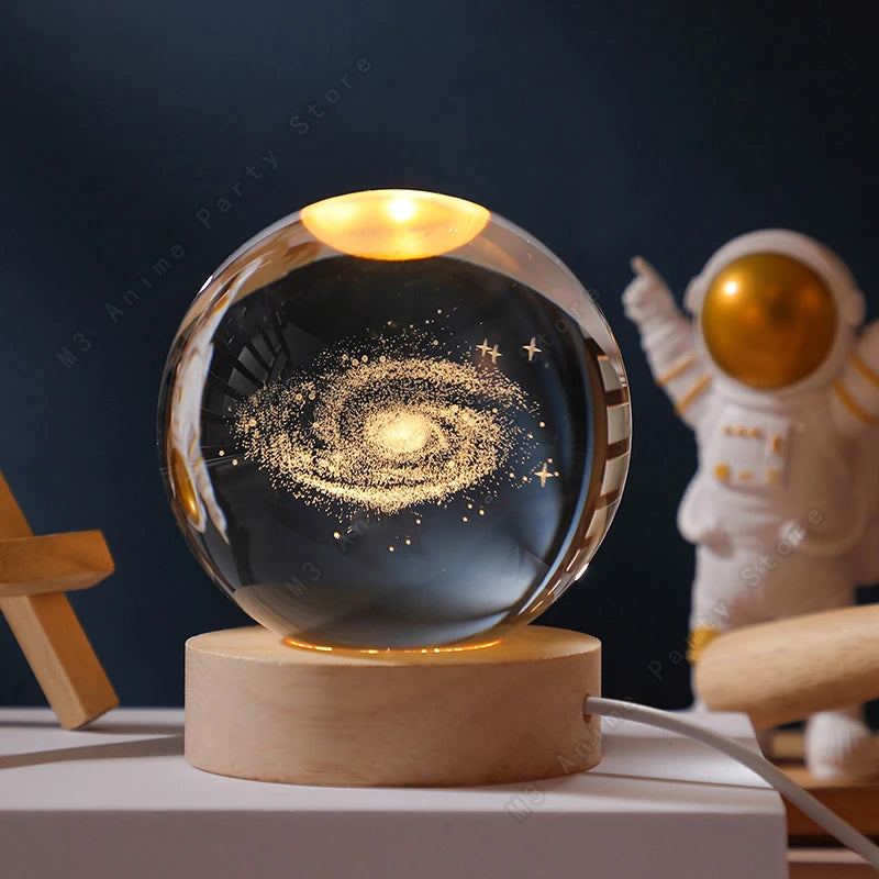 3D Crystal Ball Night Light — Galaxy, Moon & Saturn LED Lamp
