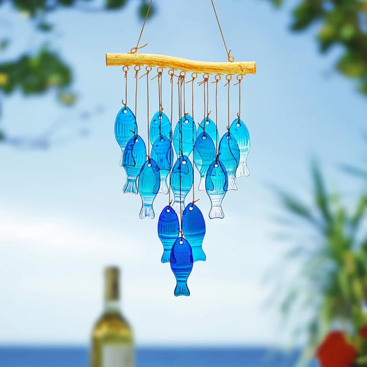 Blue Glass Fish Wind Chimes — Handcrafted Outdoor Garden & Patio Decoration