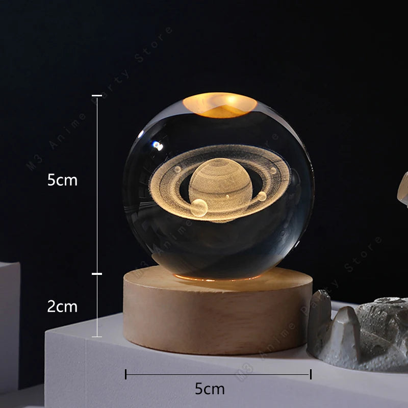 3D Crystal Ball Night Light — Galaxy, Moon & Saturn LED Lamp
