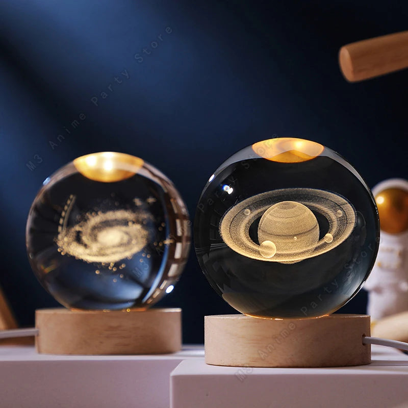3D Crystal Ball Night Light — Galaxy, Moon & Saturn LED Lamp