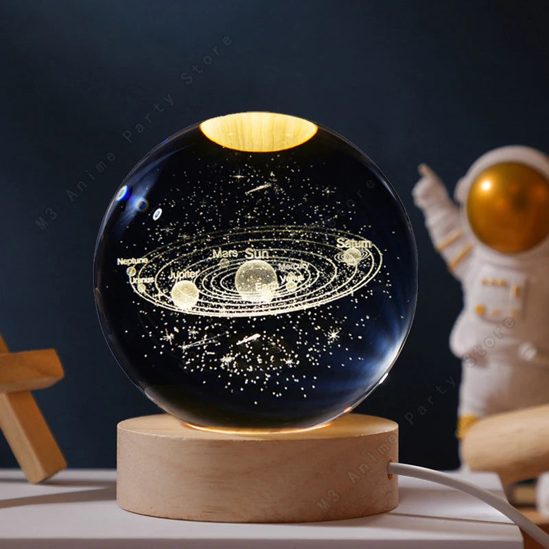 3D Crystal Ball Night Light — Galaxy, Moon & Saturn LED Lamp