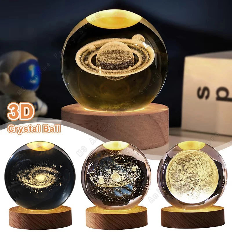 3D Crystal Ball Night Light — Galaxy, Moon & Saturn LED Lamp