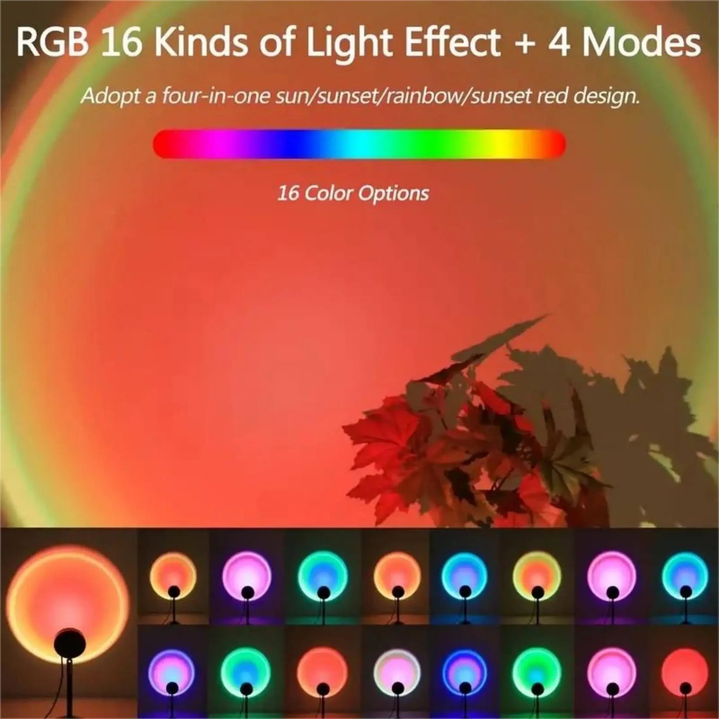 Sunset Projection Lamp — 16 Colors RGB, USB Remote Control | As Seen On TikTok