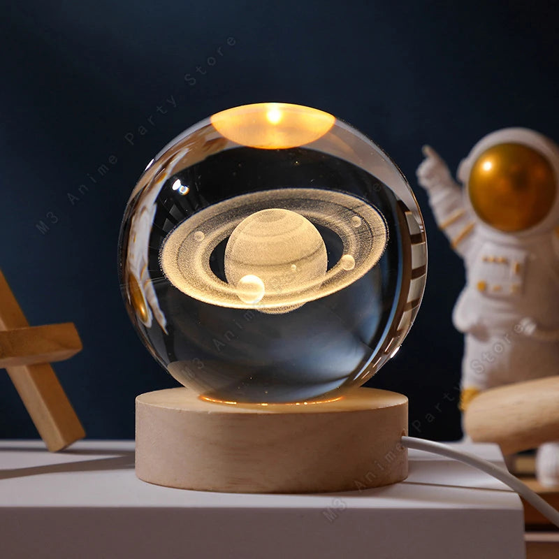 3D Crystal Ball Night Light — Galaxy, Moon & Saturn LED Lamp